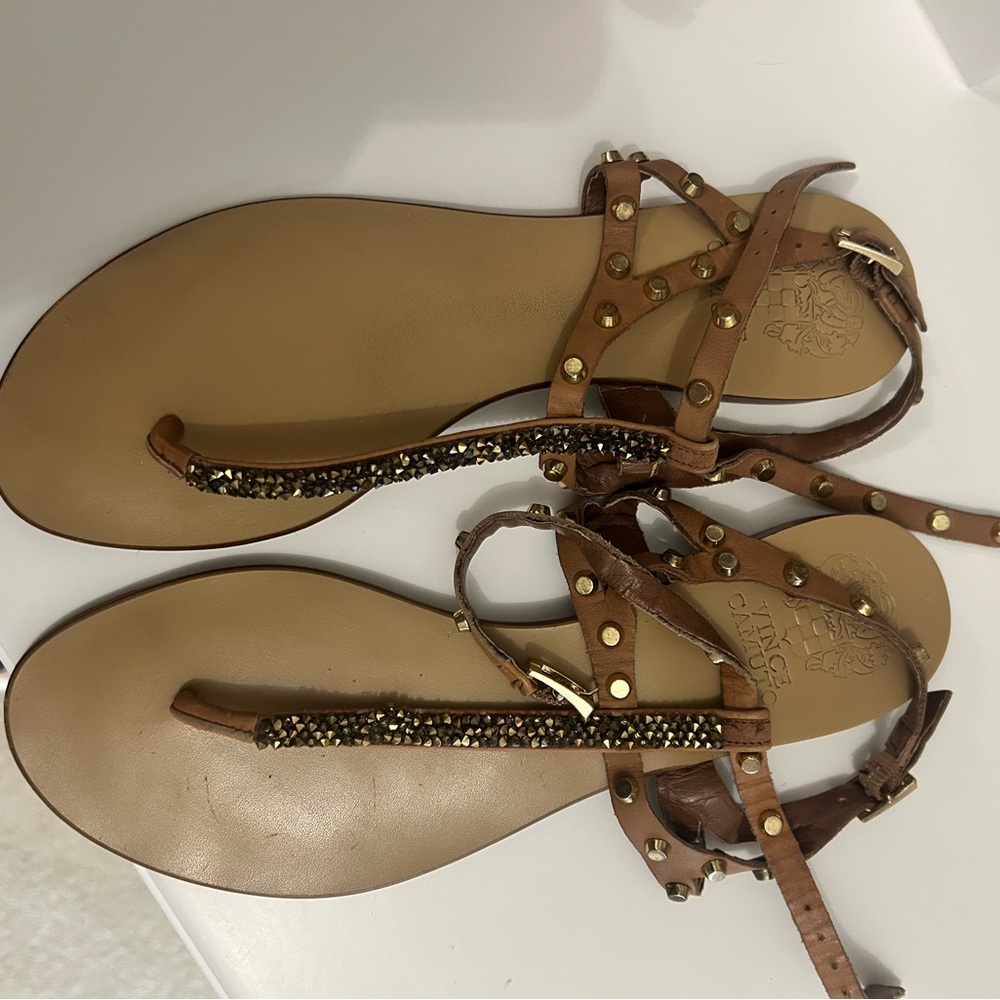 Vince Camuto Brown Leather Gold Studded Women's Sandals